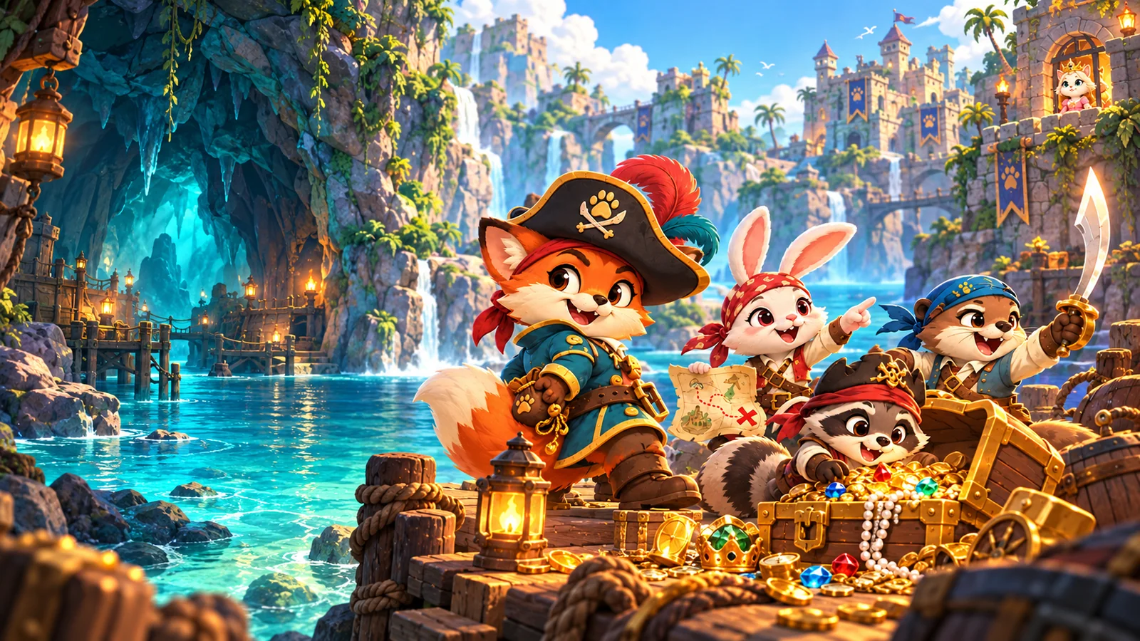 Cute fox, bunny, otter and raccoon pirates discover treasure beside a turquoise cove and mysterious cavern
